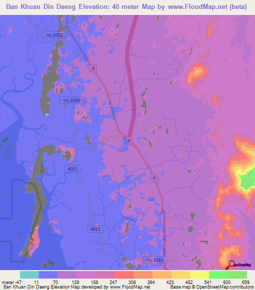 Ban Khuan Din Daeng,Thailand Elevation Map