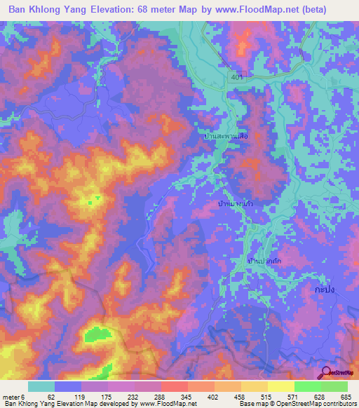 Ban Khlong Yang,Thailand Elevation Map