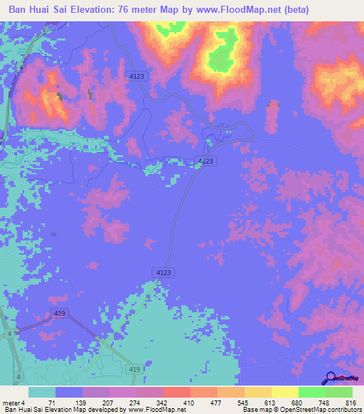 Ban Huai Sai,Thailand Elevation Map