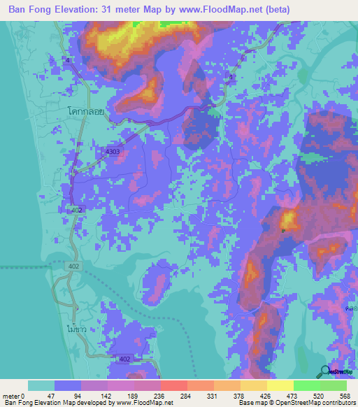 Ban Fong,Thailand Elevation Map