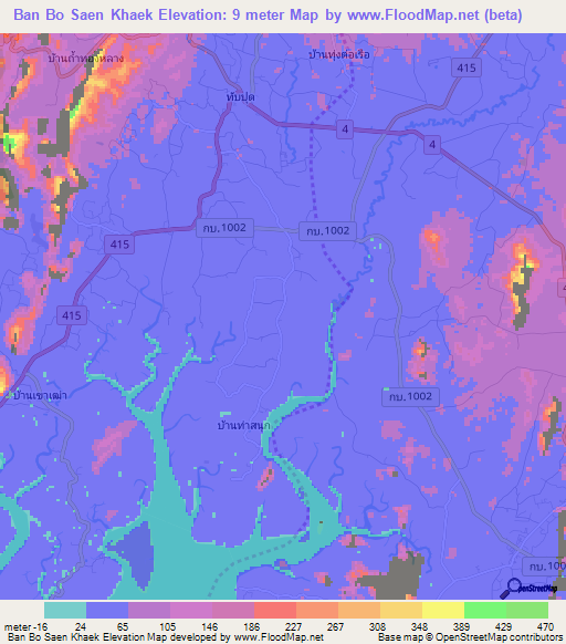 Ban Bo Saen Khaek,Thailand Elevation Map