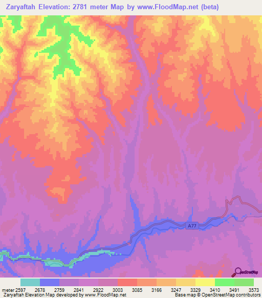 Zaryaftah,Afghanistan Elevation Map