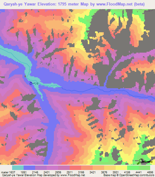 Qaryah-ye Yawar,Afghanistan Elevation Map