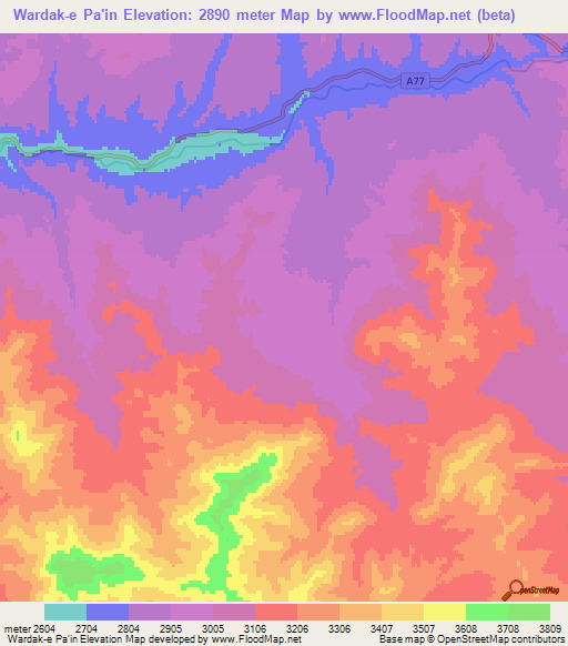 Wardak-e Pa'in,Afghanistan Elevation Map