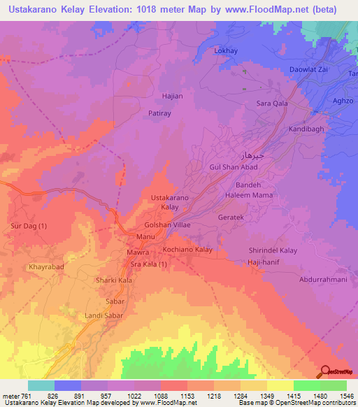 Ustakarano Kelay,Afghanistan Elevation Map