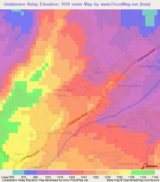 Ustakarano Kelay,Afghanistan Elevation Map
