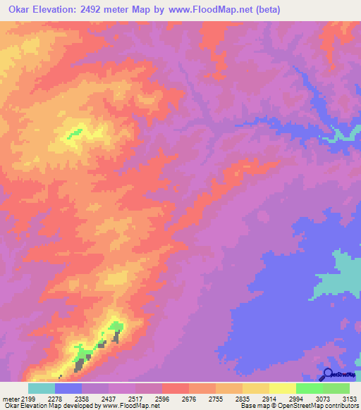 Okar,Afghanistan Elevation Map