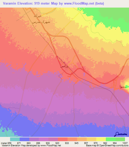 Varamin,Iran Elevation Map