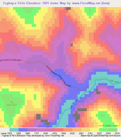 Toghay-e Pa'in,Afghanistan Elevation Map