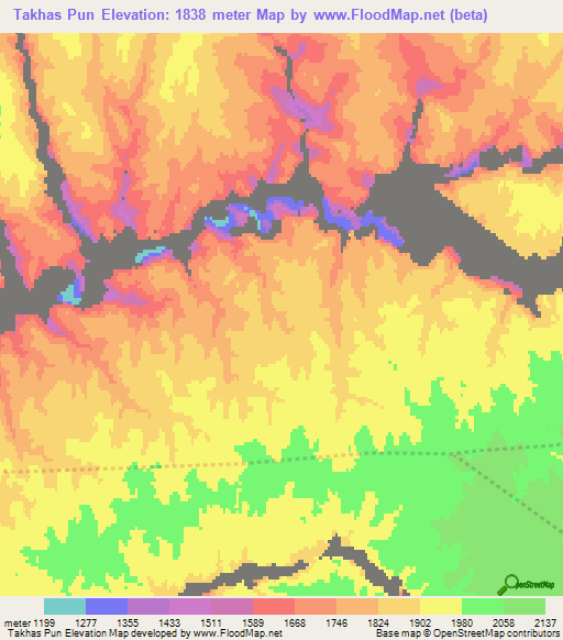 Takhas Pun,Afghanistan Elevation Map