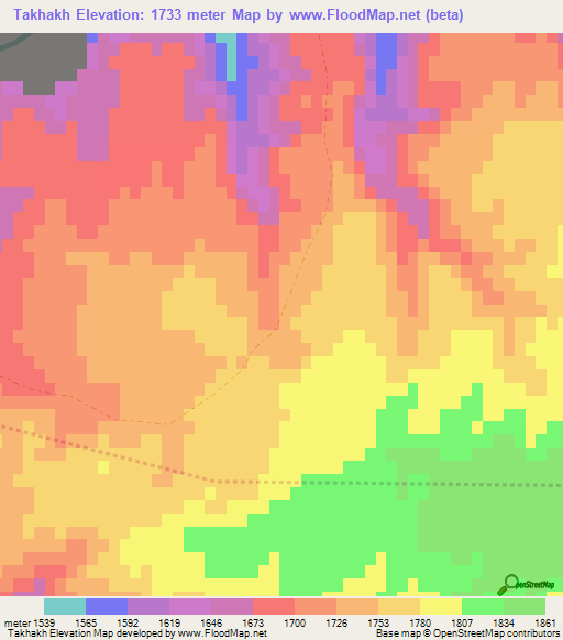 Takhakh,Afghanistan Elevation Map