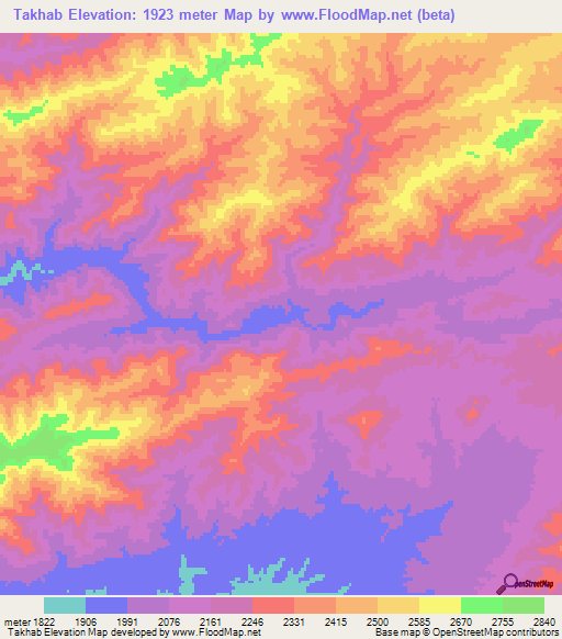 Takhab,Afghanistan Elevation Map
