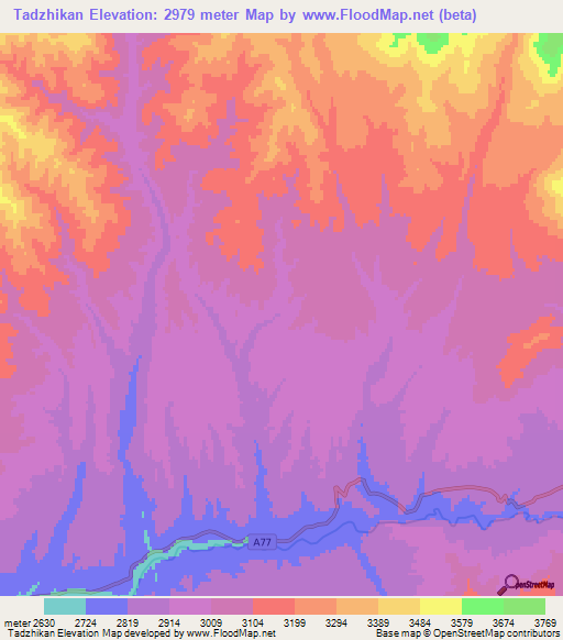 Tadzhikan,Afghanistan Elevation Map