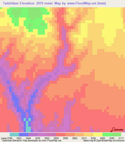 Tadzhikan,Afghanistan Elevation Map