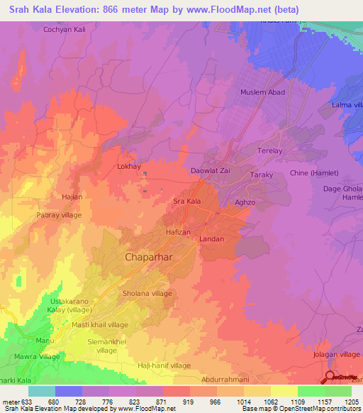 Srah Kala,Afghanistan Elevation Map