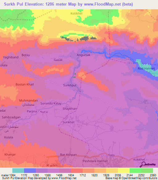 Surkh Pul,Afghanistan Elevation Map