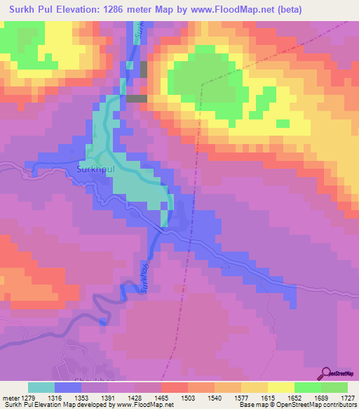 Surkh Pul,Afghanistan Elevation Map