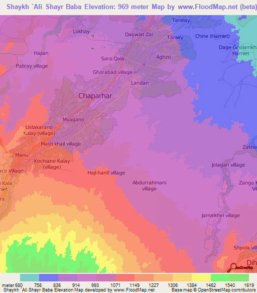 Shaykh `Ali Shayr Baba,Afghanistan Elevation Map