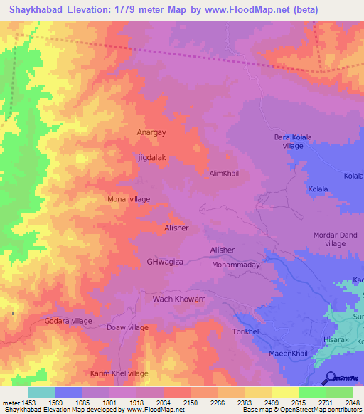 Shaykhabad,Afghanistan Elevation Map