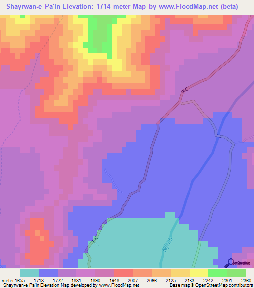 Shayrwan-e Pa'in,Afghanistan Elevation Map