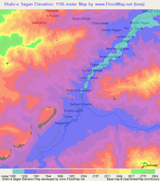 Shahr-e Sagan,Afghanistan Elevation Map