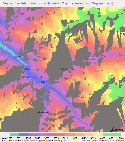 Sayl-e Posidah,Afghanistan Elevation Map