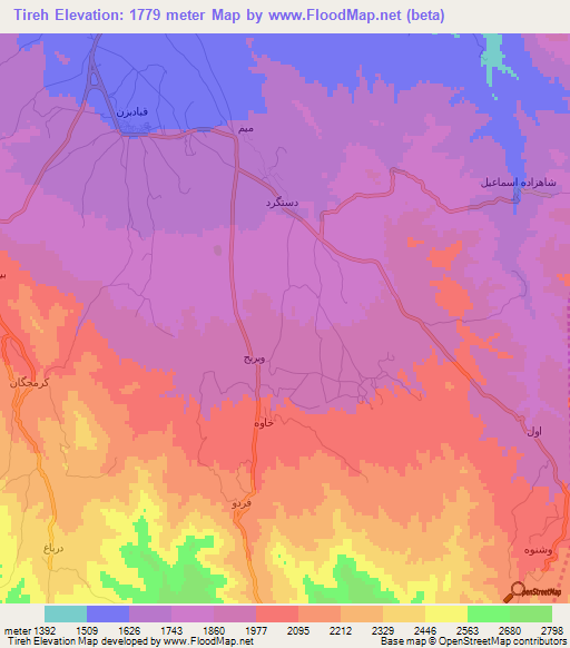 Tireh,Iran Elevation Map