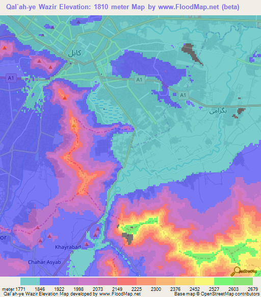 Qal`ah-ye Wazir,Afghanistan Elevation Map