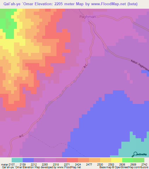 Qal`ah-ye `Omar,Afghanistan Elevation Map