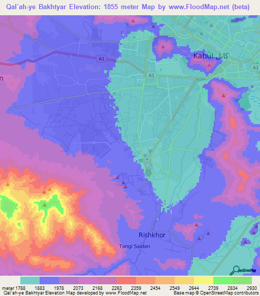 Qal`ah-ye Bakhtyar,Afghanistan Elevation Map