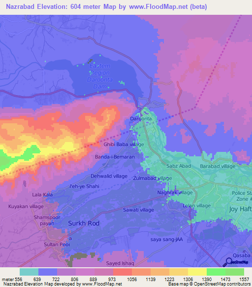 Nazrabad,Afghanistan Elevation Map