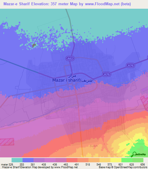 Mazar-e Sharif,Afghanistan Elevation Map