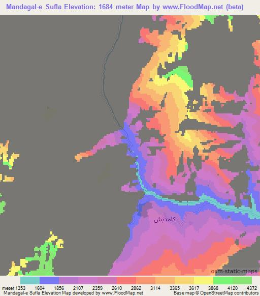 Mandagal-e Sufla,Afghanistan Elevation Map