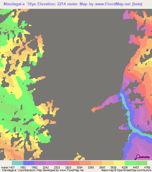 Mandagal-e `Ulya,Afghanistan Elevation Map