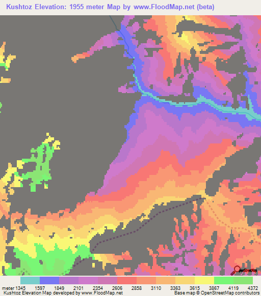 Kushtoz,Afghanistan Elevation Map