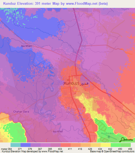 Kunduz,Afghanistan Elevation Map