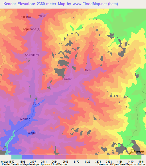 Kendar,Afghanistan Elevation Map