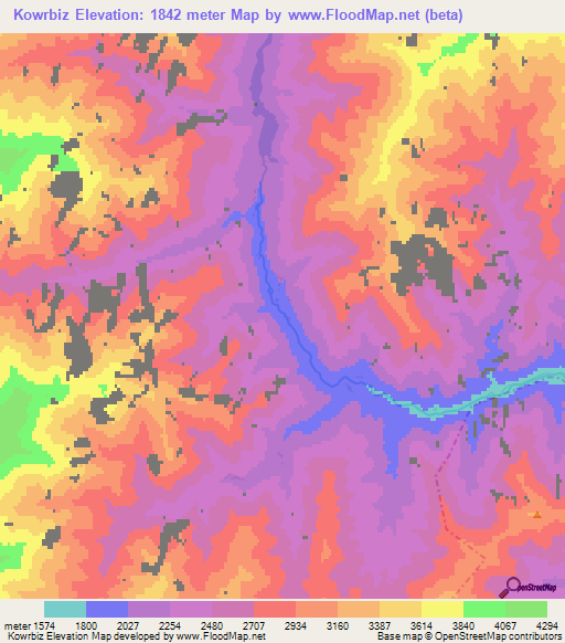 Kowrbiz,Afghanistan Elevation Map
