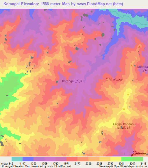 Korangal,Afghanistan Elevation Map