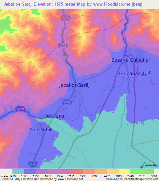 Jabal os Saraj,Afghanistan Elevation Map