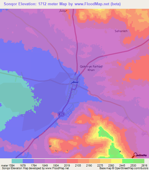 Sonqor,Iran Elevation Map