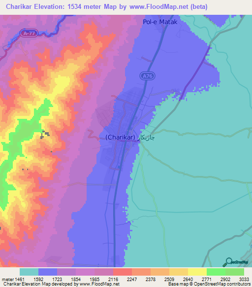Charikar,Afghanistan Elevation Map