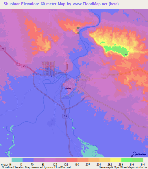 Shushtar,Iran Elevation Map