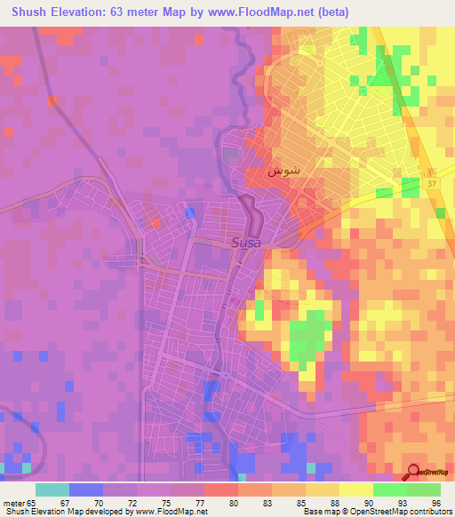 Shush,Iran Elevation Map