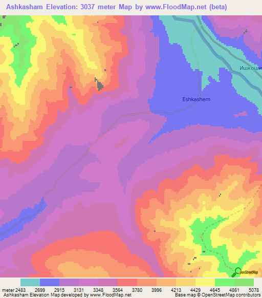 Ashkasham,Afghanistan Elevation Map