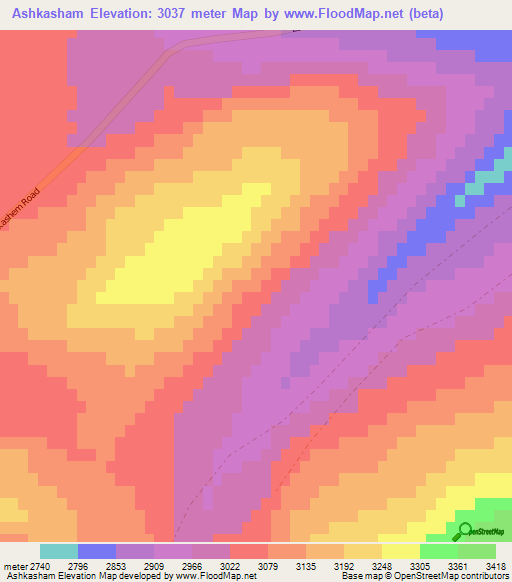 Ashkasham,Afghanistan Elevation Map