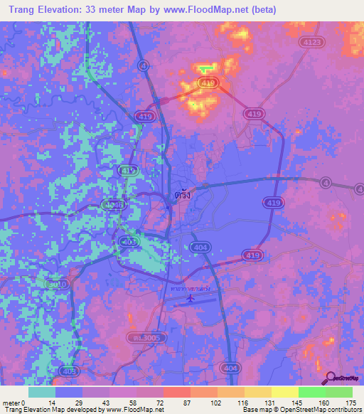 Trang,Thailand Elevation Map