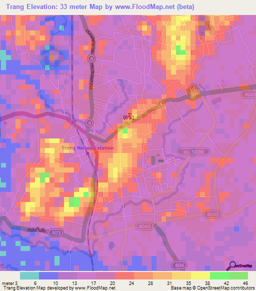 Trang,Thailand Elevation Map