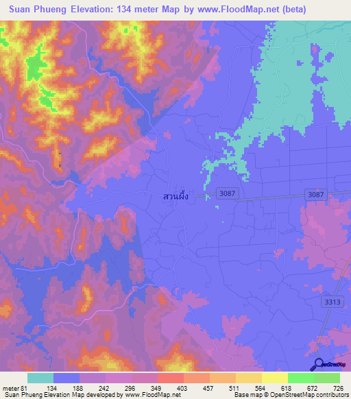 Suan Phueng,Thailand Elevation Map