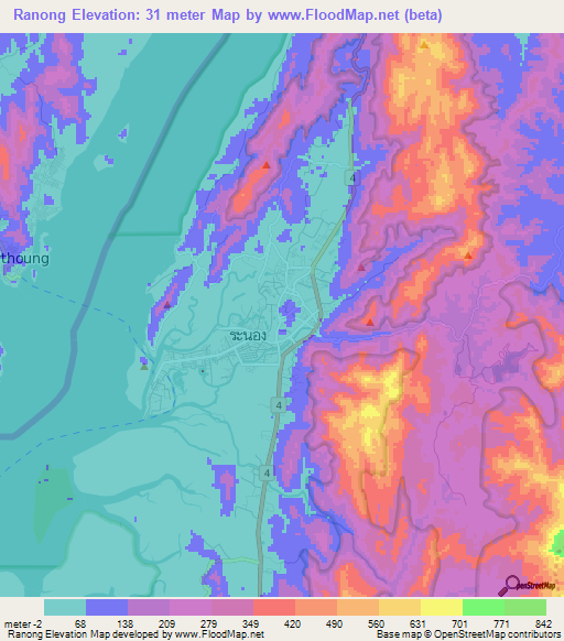 Ranong,Thailand Elevation Map